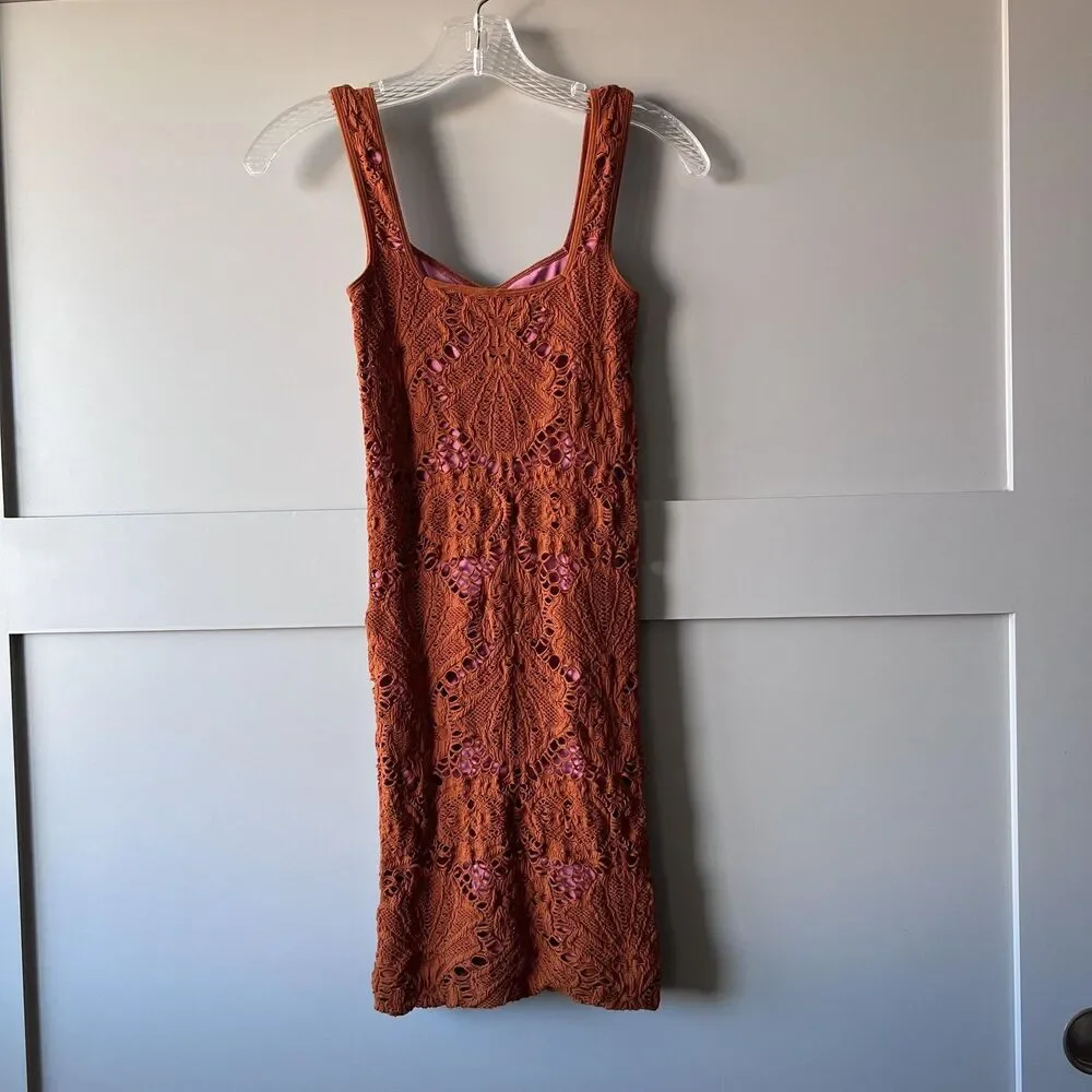 Intimately Free People Mini Dress Womens XS/S Rust Crochet Lace Bodycon Made USA - Picture 2 of 6
